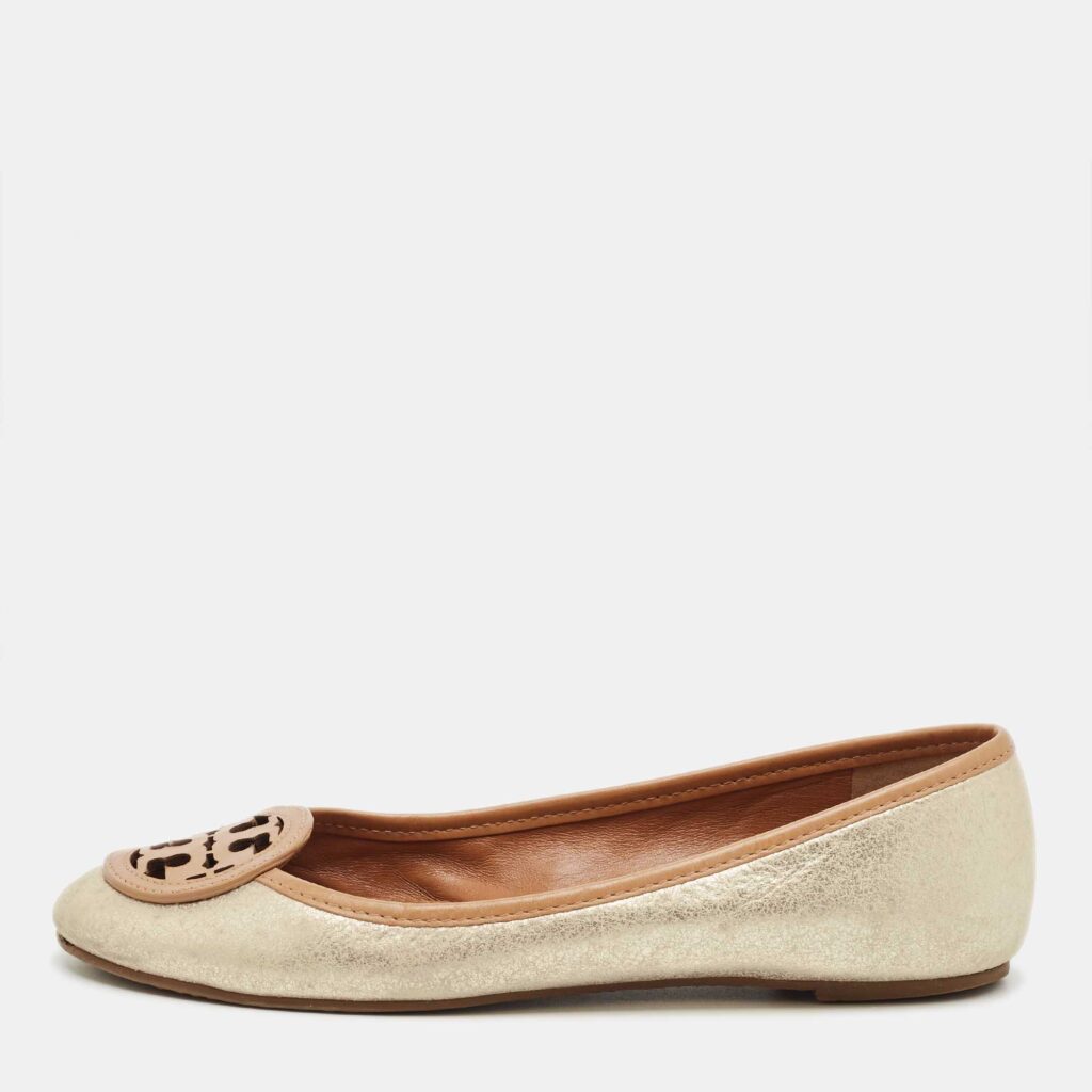 Tory Burch Silver/Brown Leather Louisa Ballet Flats Size 36 Tory Burch Silver/Brown Leather Louisa Ballet Flats Size 36