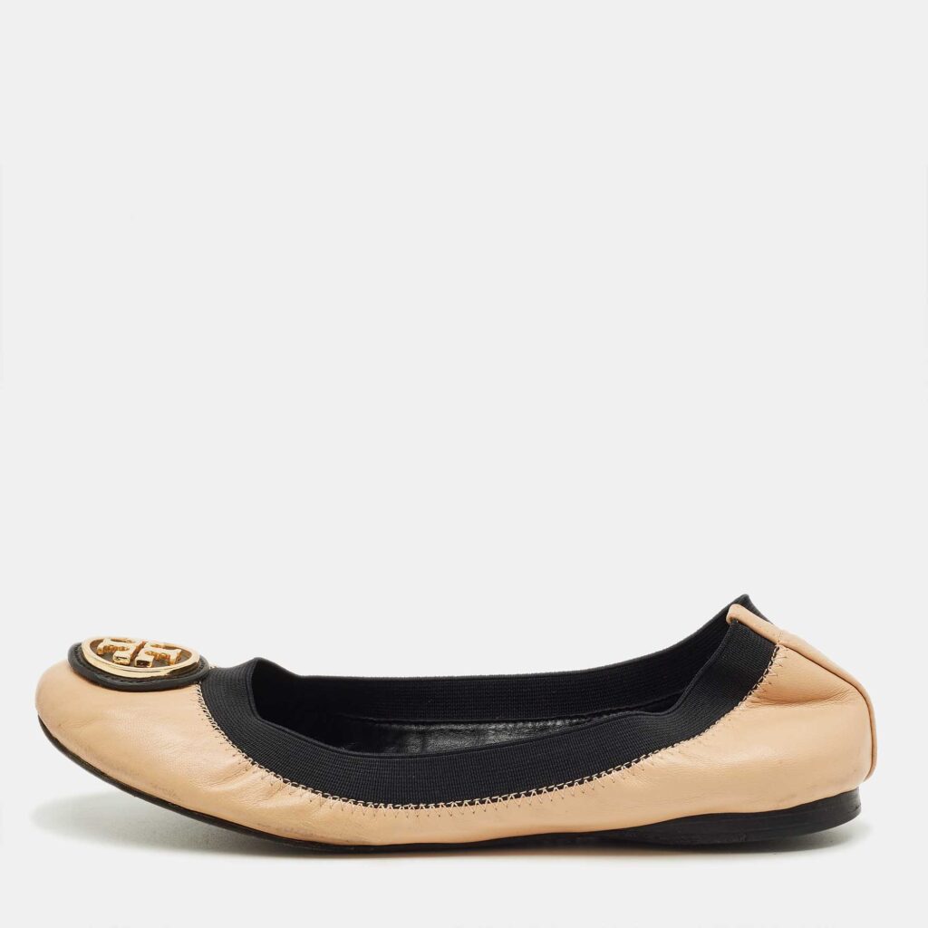 Tory Burch Beige/Black Leather Scrunch Minnie Ballet Flats Size 37 Tory Burch Beige/Black Leather Scrunch Minnie Ballet Flats Size 37