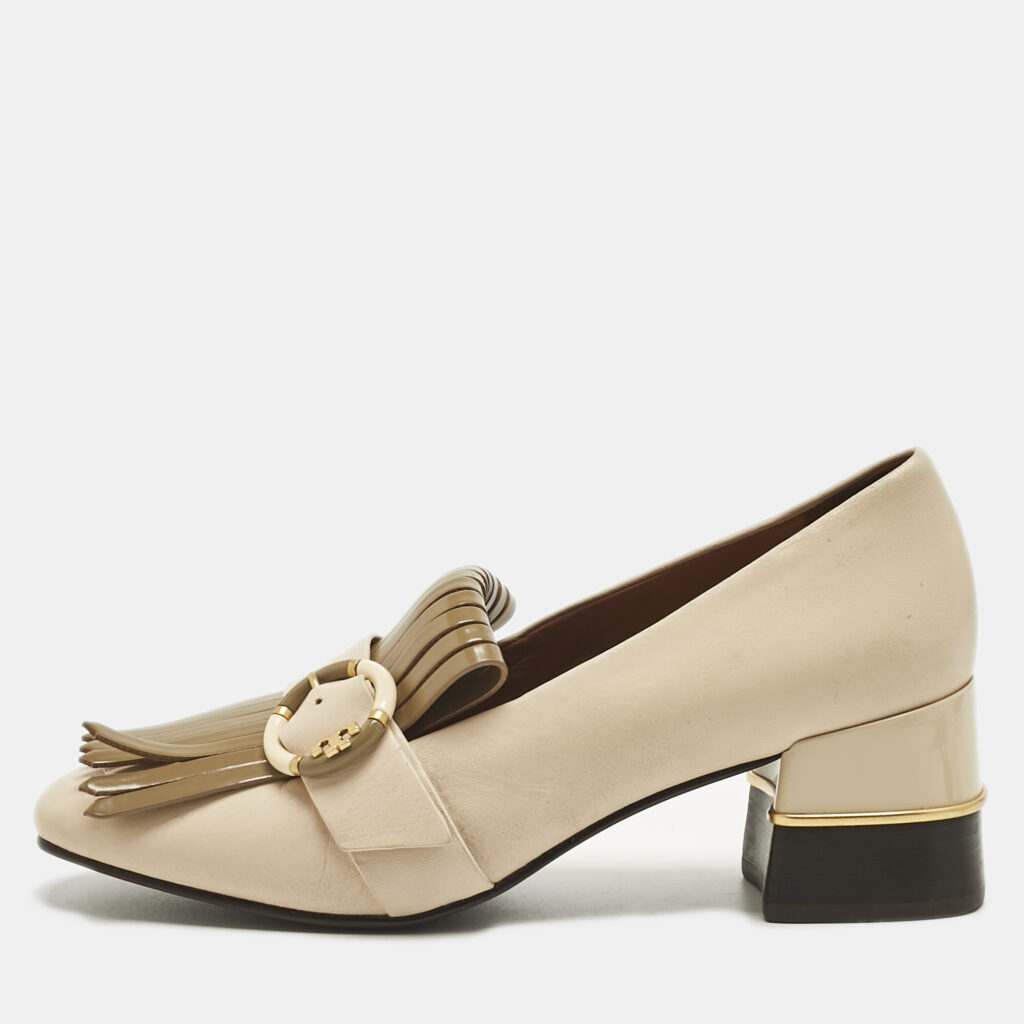 Tory Burch Cream Leather Kiltie Loafer Pumps Size 37