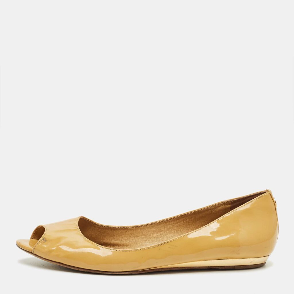 Tory Burch Beige Patent Leather Peep Toe Ballet Flats Size 38.5