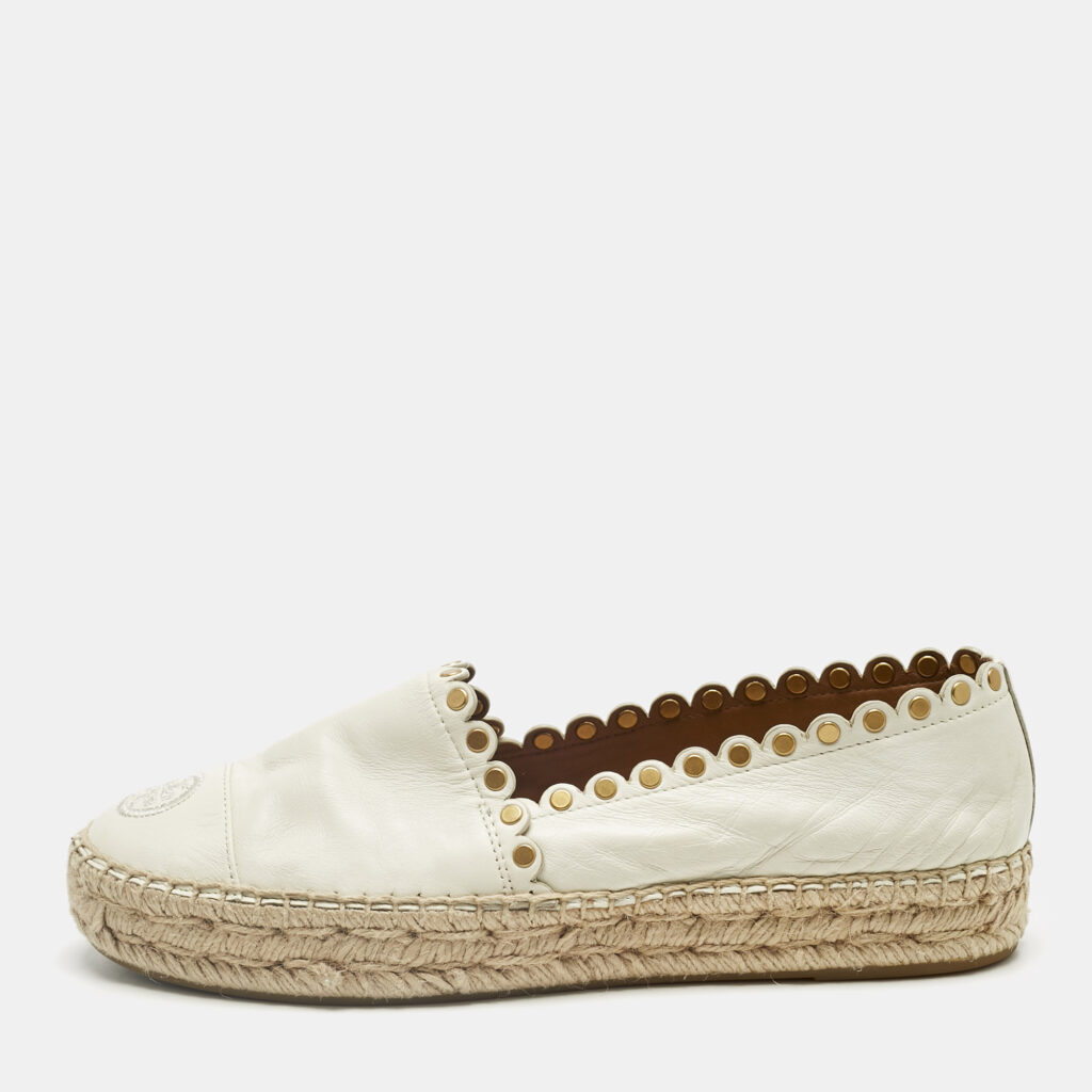 Tory Burch Cream Leather Embroidered Logo Espadrille Flats Size 38.5 Tory Burch Cream Leather Embroidered Logo Espadrille Flats Size 38.5