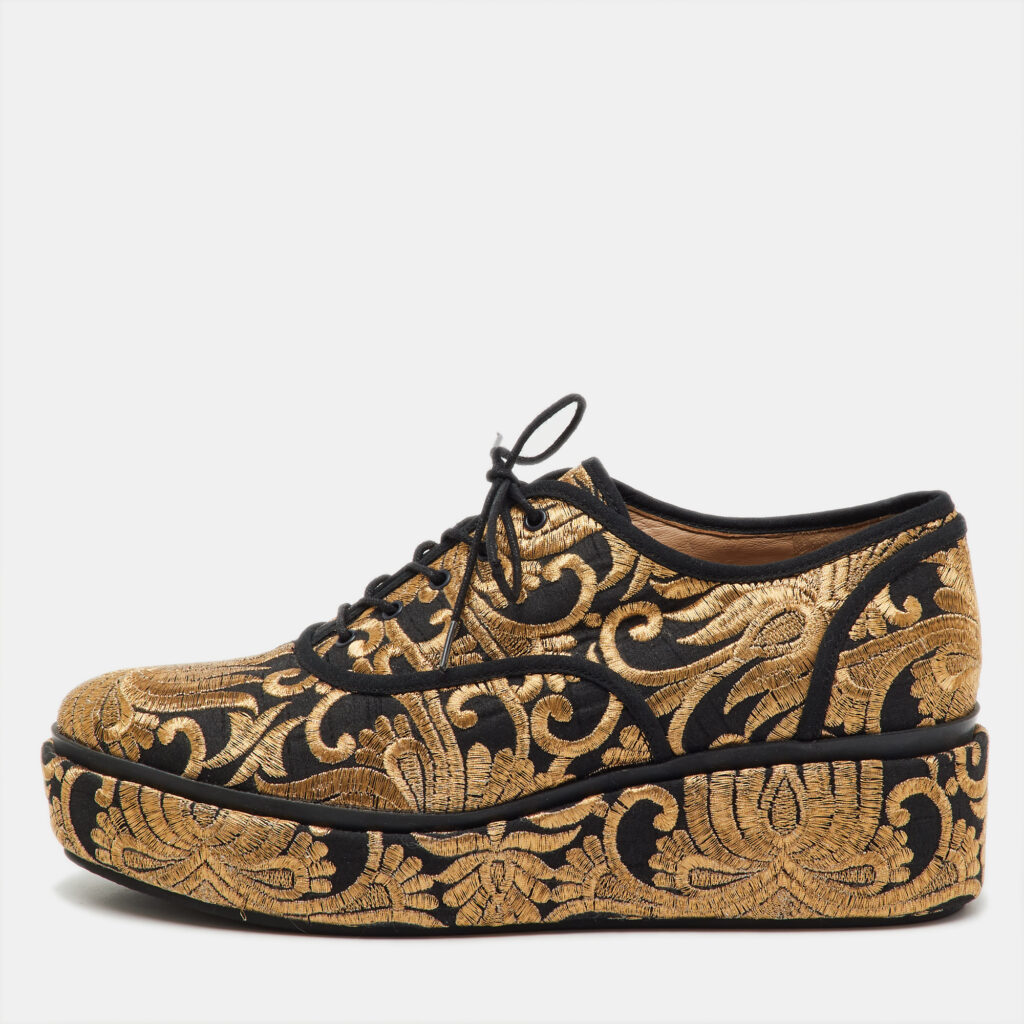 luxury-women-tory-burch-used-shoes-p1224364-001.jpg Tory Burch Black/Gold Brocade Fabric Arden Platform Oxfords Size 38.5