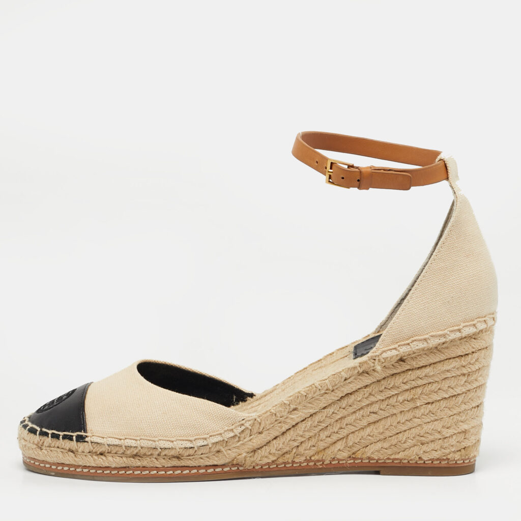 Tory Burch Beige/Black Canvas and Leather Espadrille Wedge Pumps Size 40 Tory Burch Beige/Black Canvas and Leather Espadrille Wedge Pumps Size 40