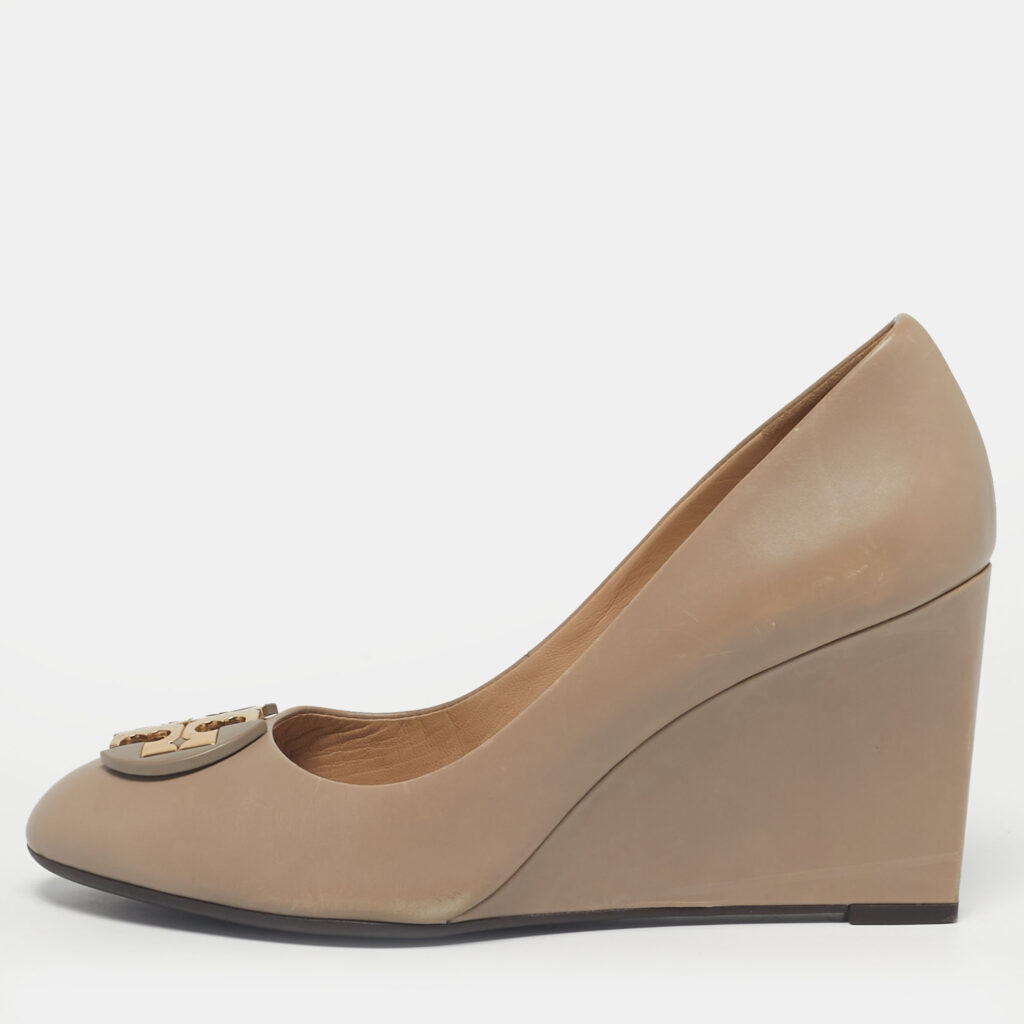 Tory Burch Grey Leather Sally Wedge Pumps Size 39