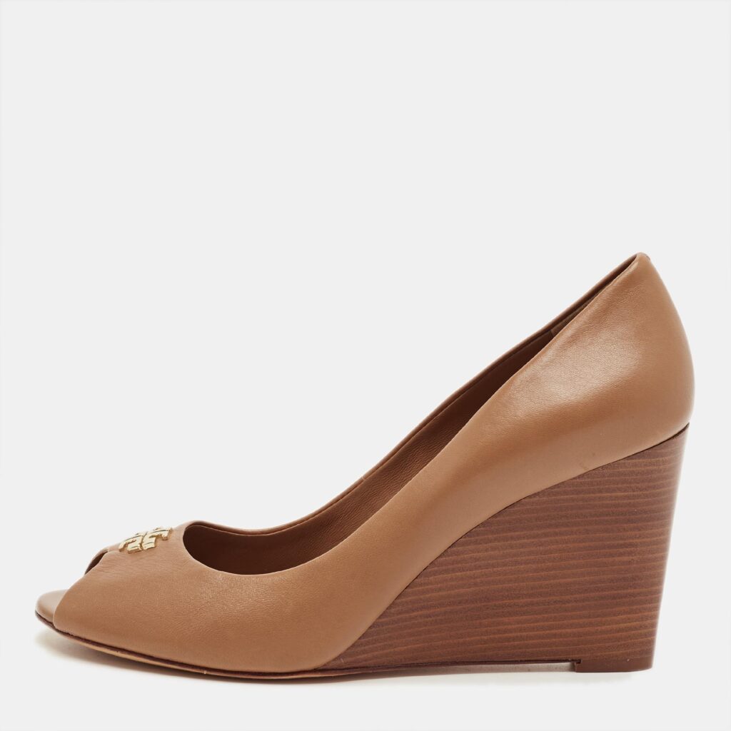 Tory Burch Brown Leather Reva Wedge Peep Toe Pumps Size 39