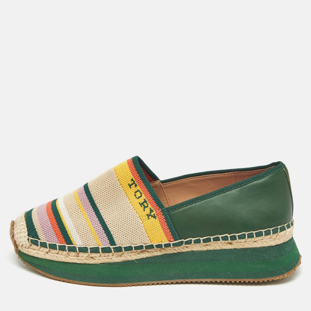 Tory Burch Multicolor Knit Fabric and Leather Espadrille Sneakers Flats Size 37 Tory Burch Multicolor Knit Fabric and Leather Espadrille Sneakers Flats Size 37