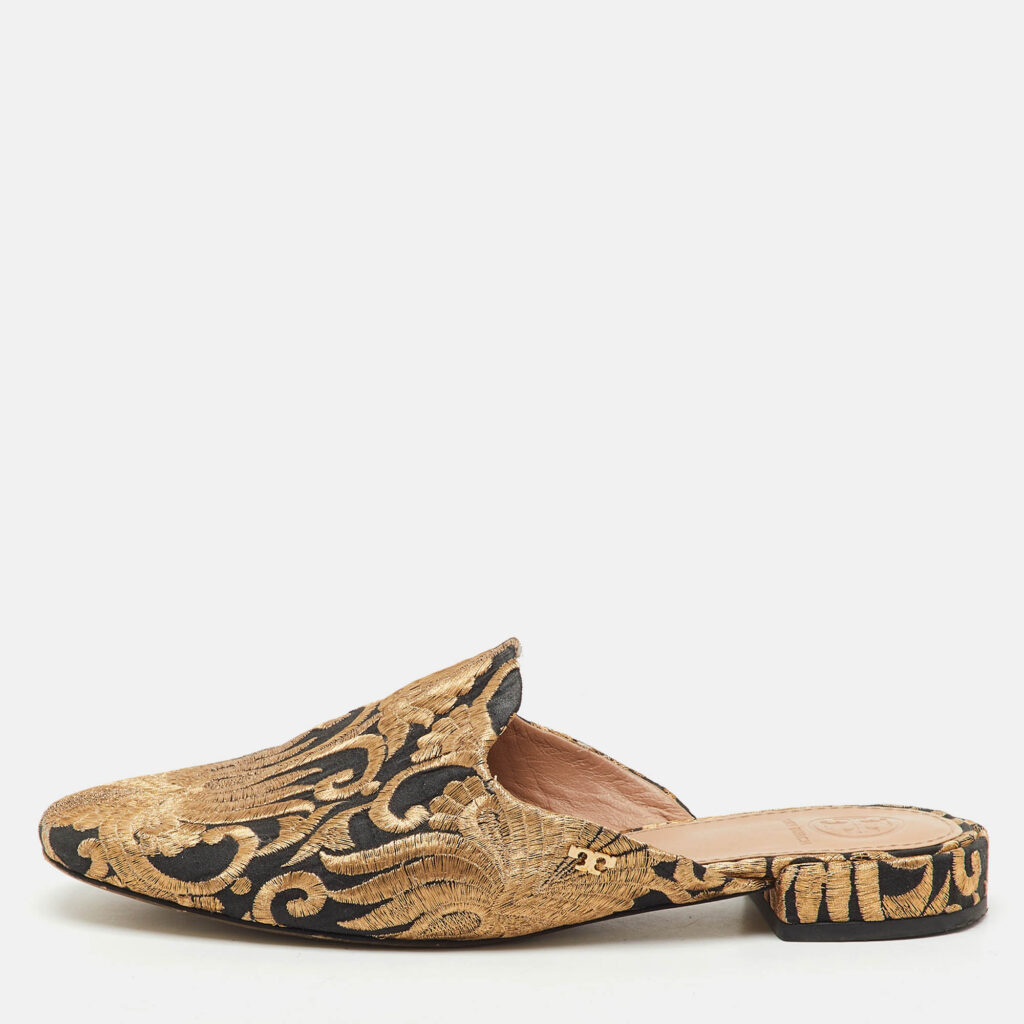 Tory Burch Black/Gold Brocade Fabric Flat Mules Size 37 Tory Burch Black/Gold Brocade Fabric Flat Mules Size 37