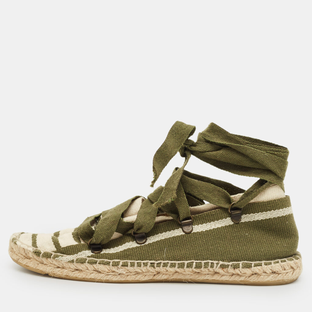 luxury-women-tory-burch-used-shoes-p1236694-001-1.jpg Tory Burch Green/White Stripe Canvas Ankle Wrap Espadrille Flats Size 37