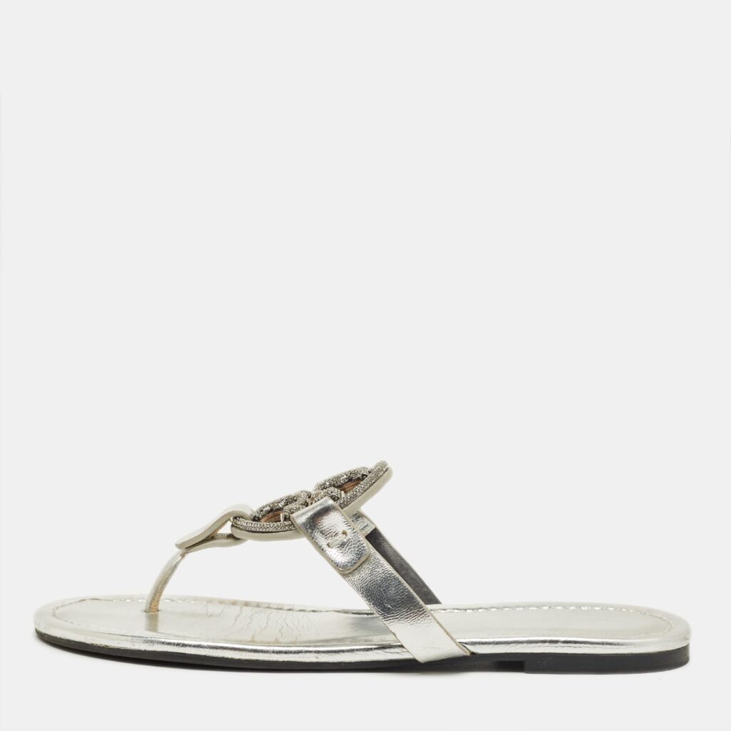 Tory Burch Silver Leather Miller Thong Sandals Size 37.5