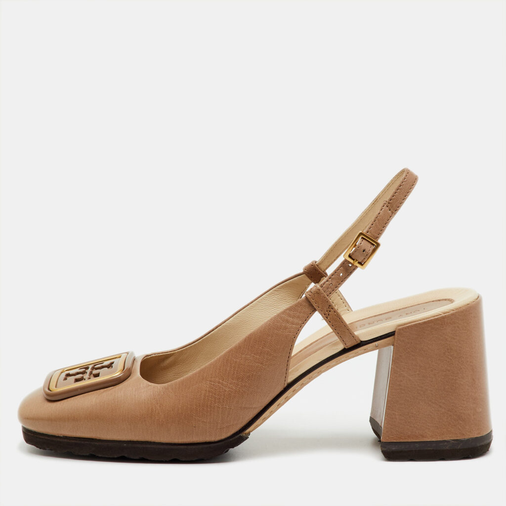 Tory Burch Brown Leather Georgia Slingback Block Heel Pumps Size 37