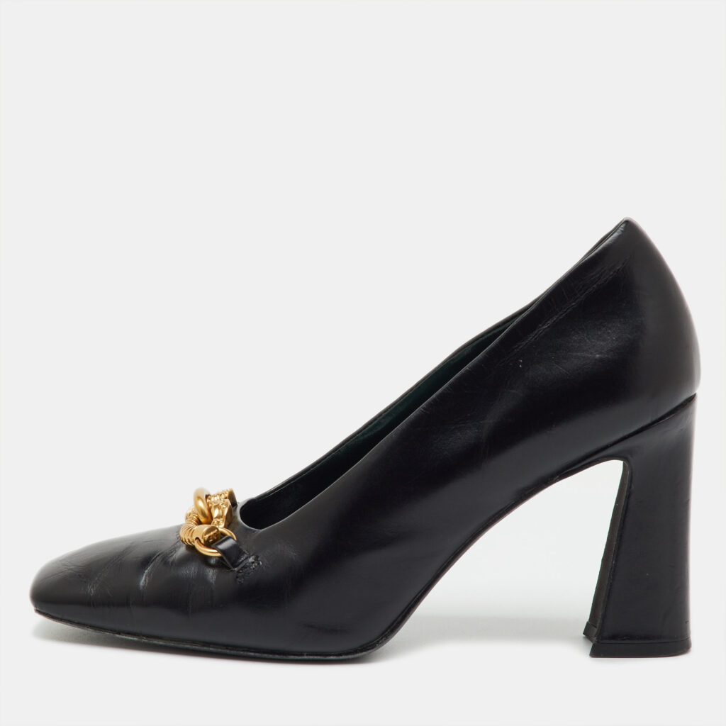 Tory Burch Black Leather Jessa Block Heel Pumps Size 37