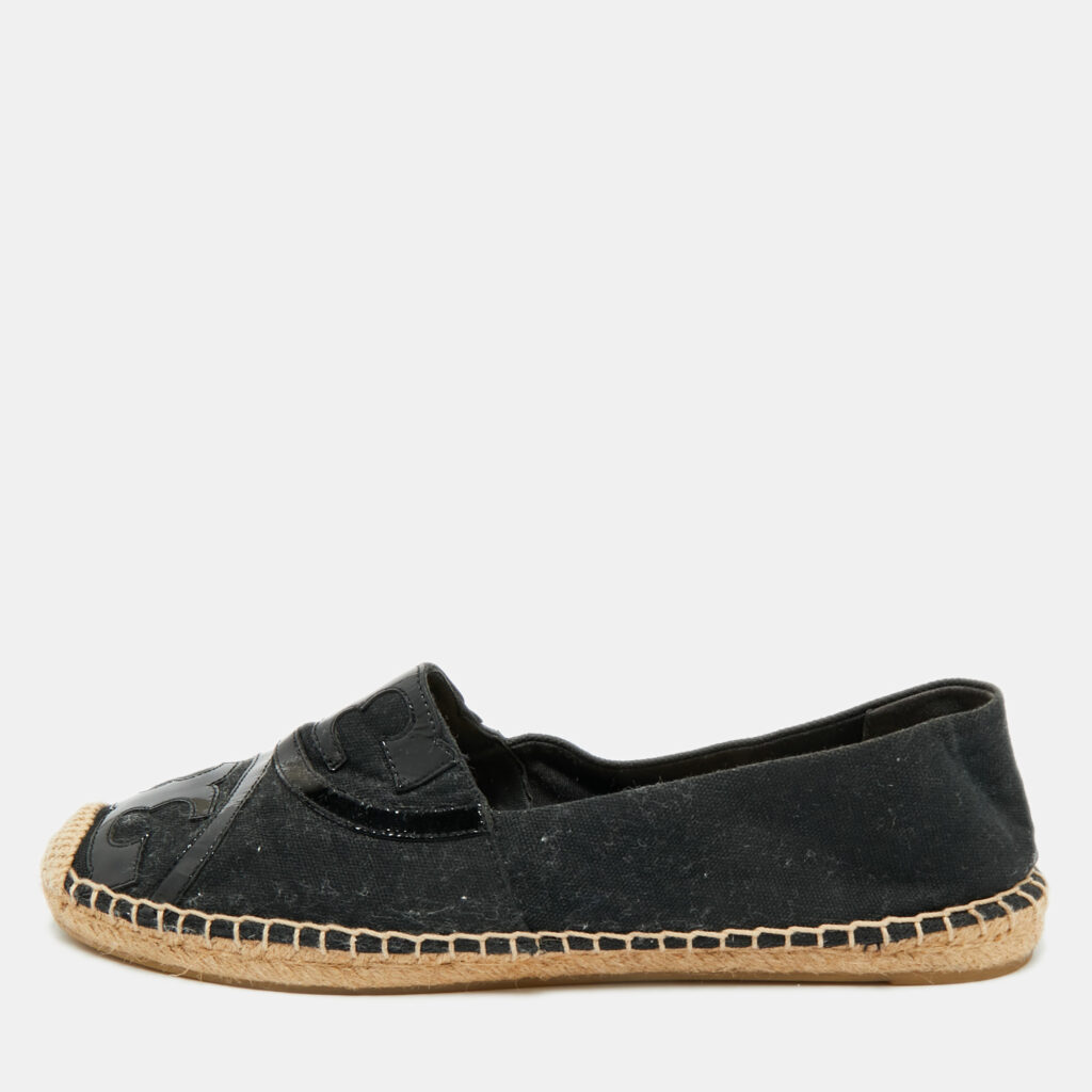Tory Burch Black Canvas and Patent Leather Poppy Espadrille Flats Size 41 Tory Burch Black Canvas and Patent Leather Poppy Espadrille Flats Size 41