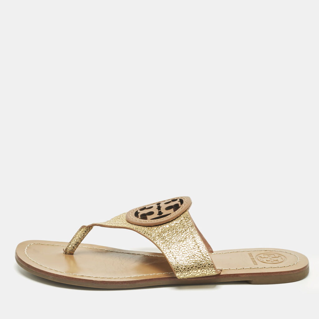 Tory Burch Gold Leather Louisa Thong Flat Sandals Size 38 Tory Burch Gold Leather Louisa Thong Flat Sandals Size 38