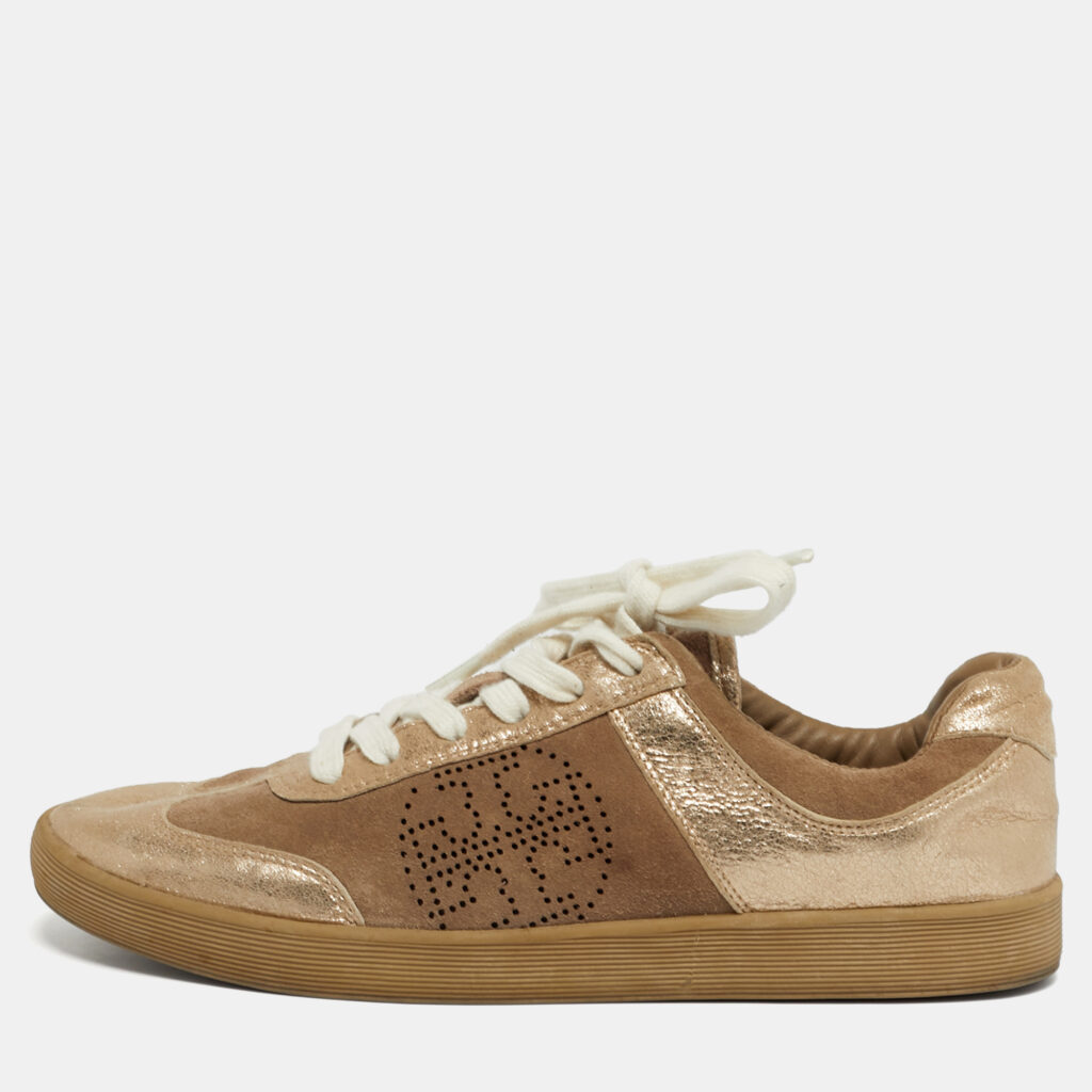 Tory Burch Beige/Gold Suede and Metallic Leather Perforated Logo Sneakers Size 38.5 Tory Burch Beige/Gold Suede and Metallic Leather Perforated Logo Sneakers Size 38.5