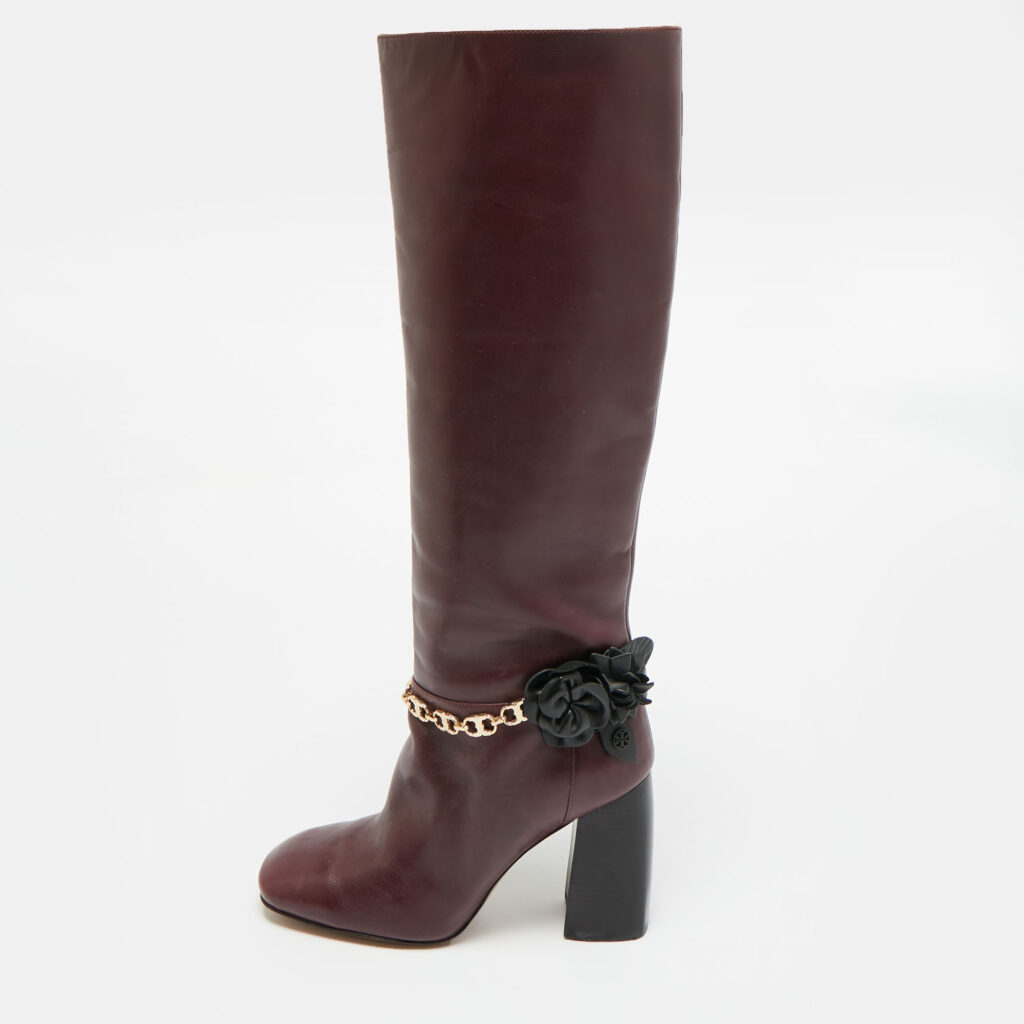 Tory Burch Sarava Size 37.5 Burgundy Leather Blossom Block Heel Chain Knee Length Boots Tory Burch Sarava Size 37.5 Burgundy Leather Blossom Block Heel Chain Knee Length Boots