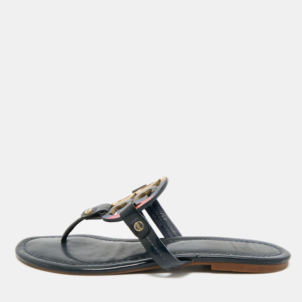 Tory Burch Miller Size 37.5 Navy Blue Patent Leather Thong Sandals