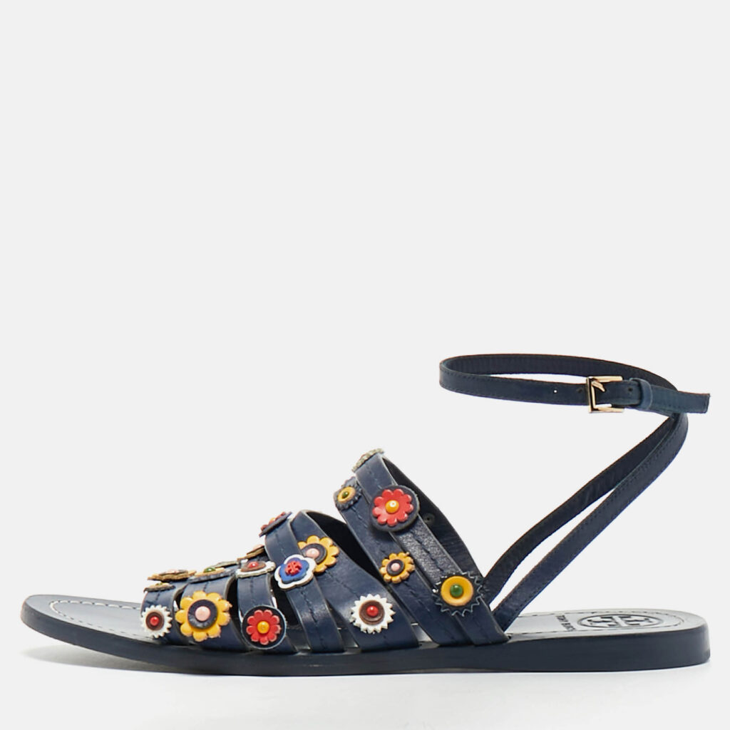 Tory Burch Size 37.5 Blue Leather Floral Appliquéd Ankle Wrap Flat Sandals Tory Burch Size 37.5 Blue Leather Floral Appliquéd Ankle Wrap Flat Sandals