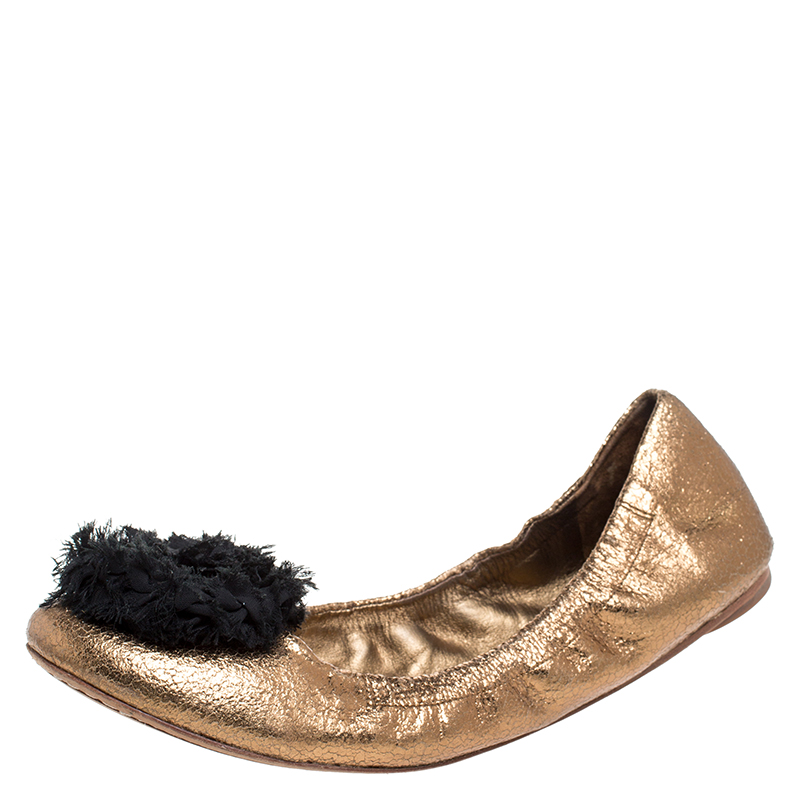 Tory Burch Metallic Bronze Crackled Leather And Black Fabric Flower Scrunch Ballet Flats Size 40 Tory Burch Metallic Bronze Crackled Leather And Black Fabric Flower Scrunch Ballet Flats Size 40