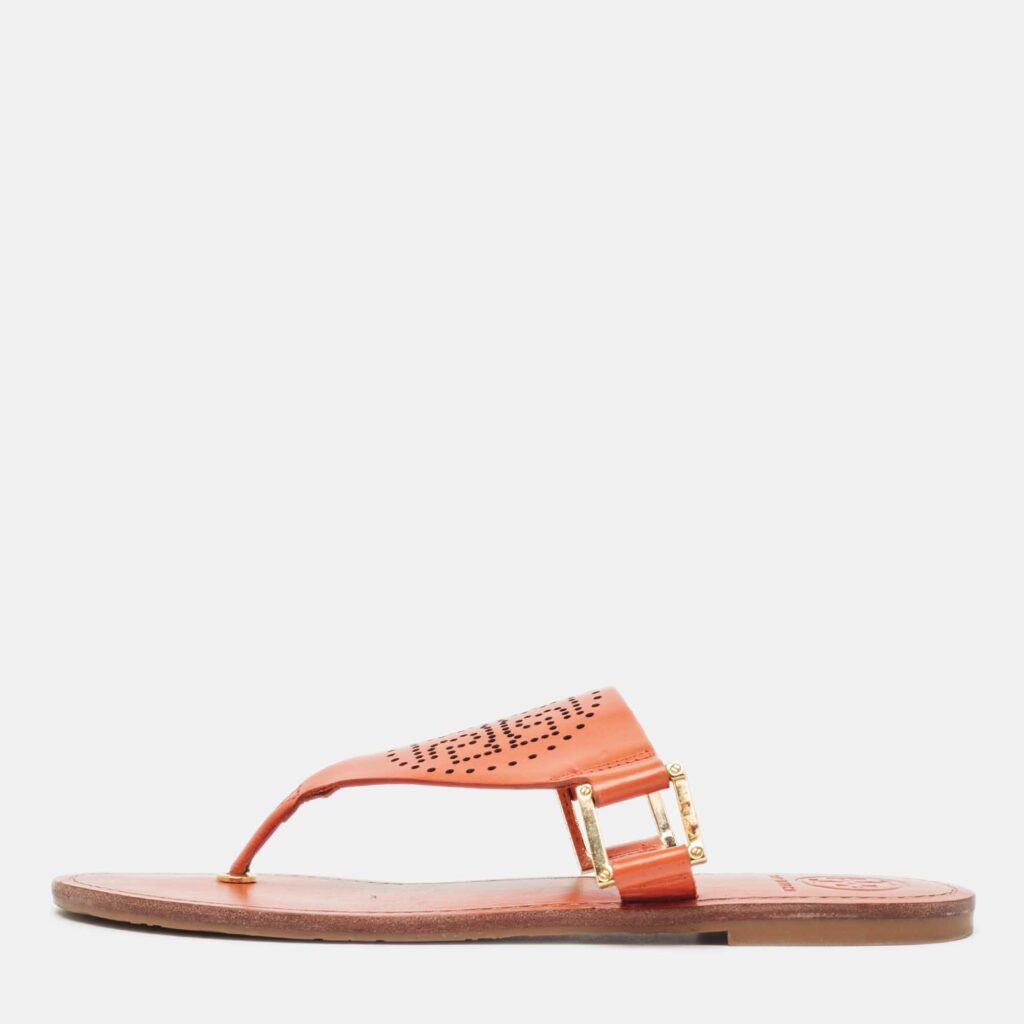 Tory Burch Orange Perforated Leather Thong Sandals Size 38.5 Tory Burch Orange Perforated Leather Thong Sandals Size 38.5