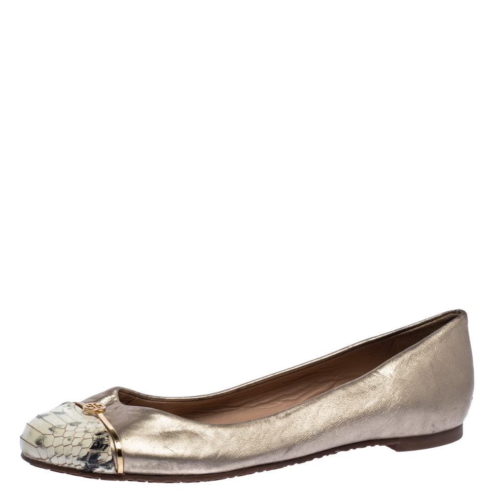 Tory Burch Metallic Gold Leather And Snake Print Cap Toe Bar Logo Ballet Flats Size 37