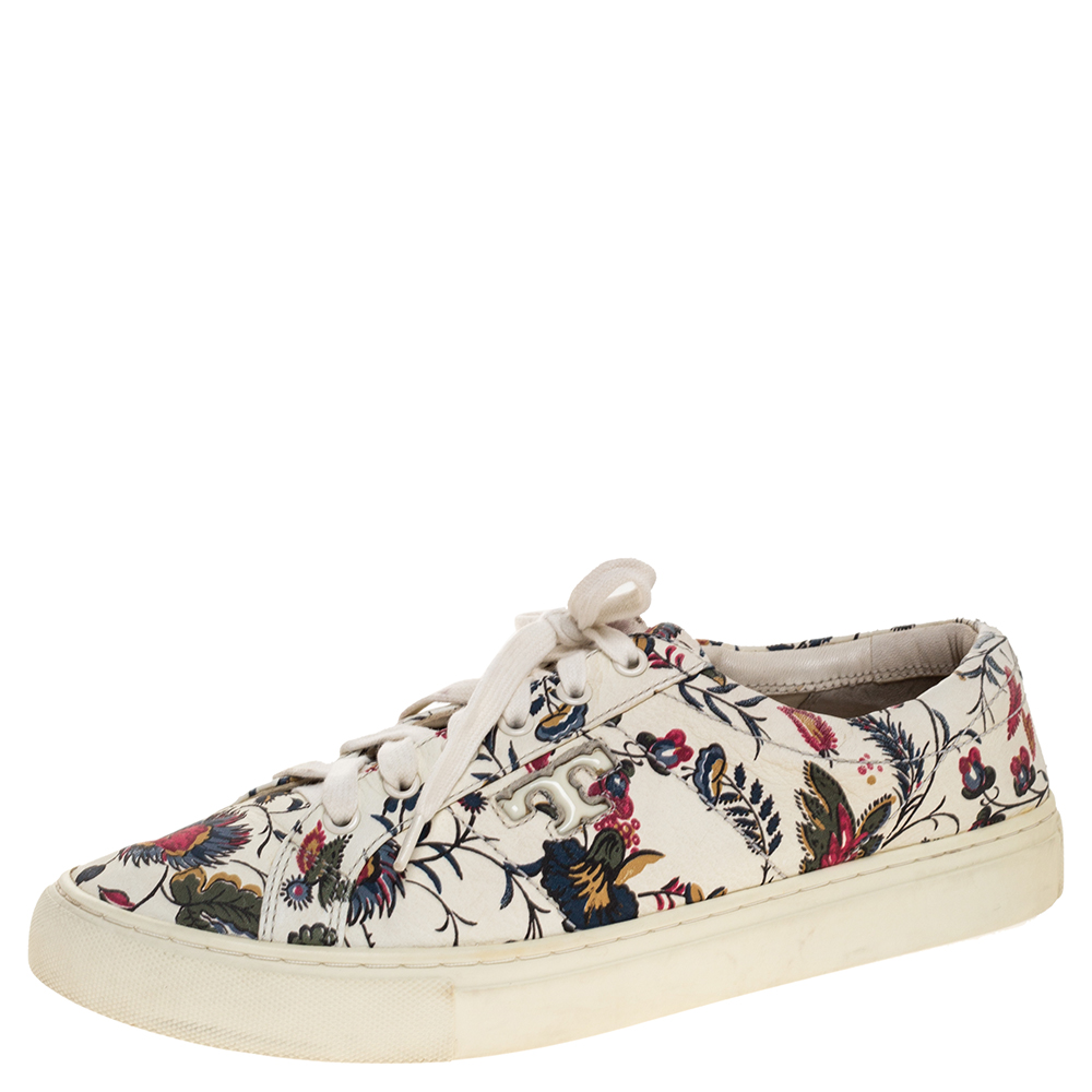 Tory Burch White Floral Print Leather Amalia Low Top Sneakers Size 39.5 Tory Burch White Floral Print Leather Amalia Low Top Sneakers Size 39.5