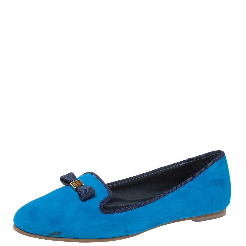 Tory Burch Blue Suede Leather Bow Slip On Loafers Size 38 Tory Burch Blue Suede Leather Bow Slip On Loafers Size 38