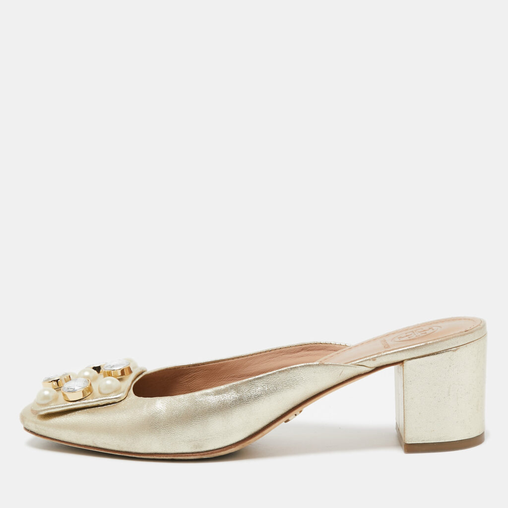Tory Burch Gold Leather Vail Block Heel Mules Size 37.5 Tory Burch Gold Leather Vail Block Heel Mules Size 37.5