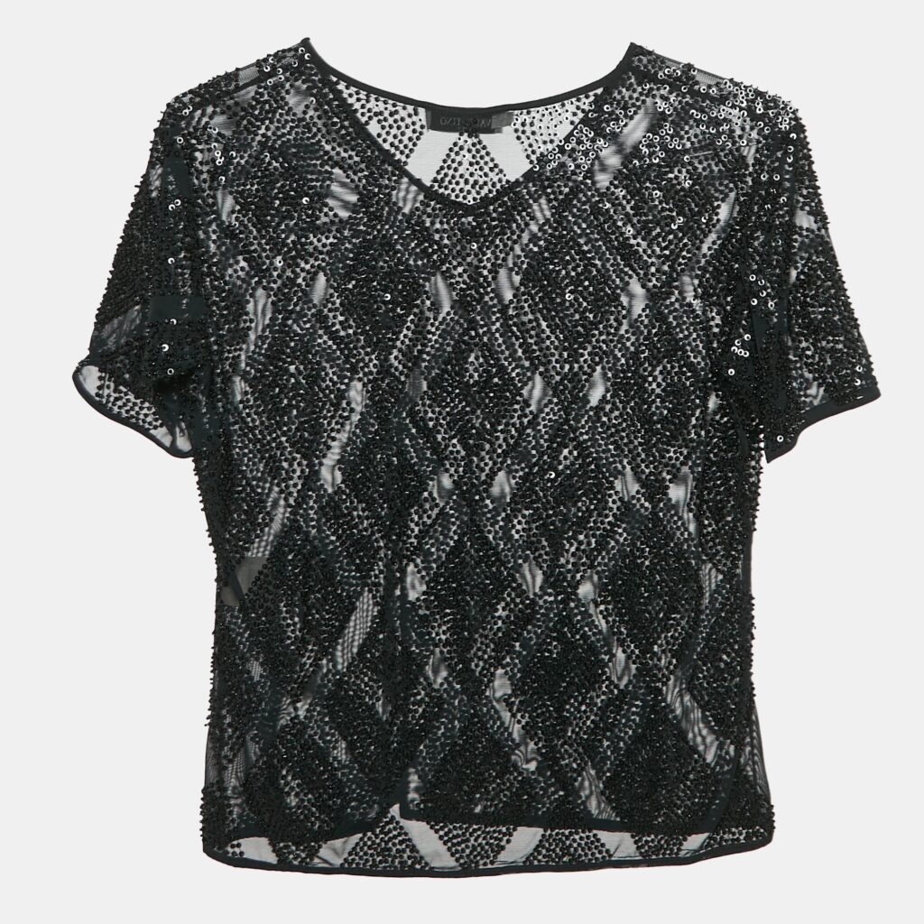Valentino Miss V Black Sequin Embellished Jersey Top M