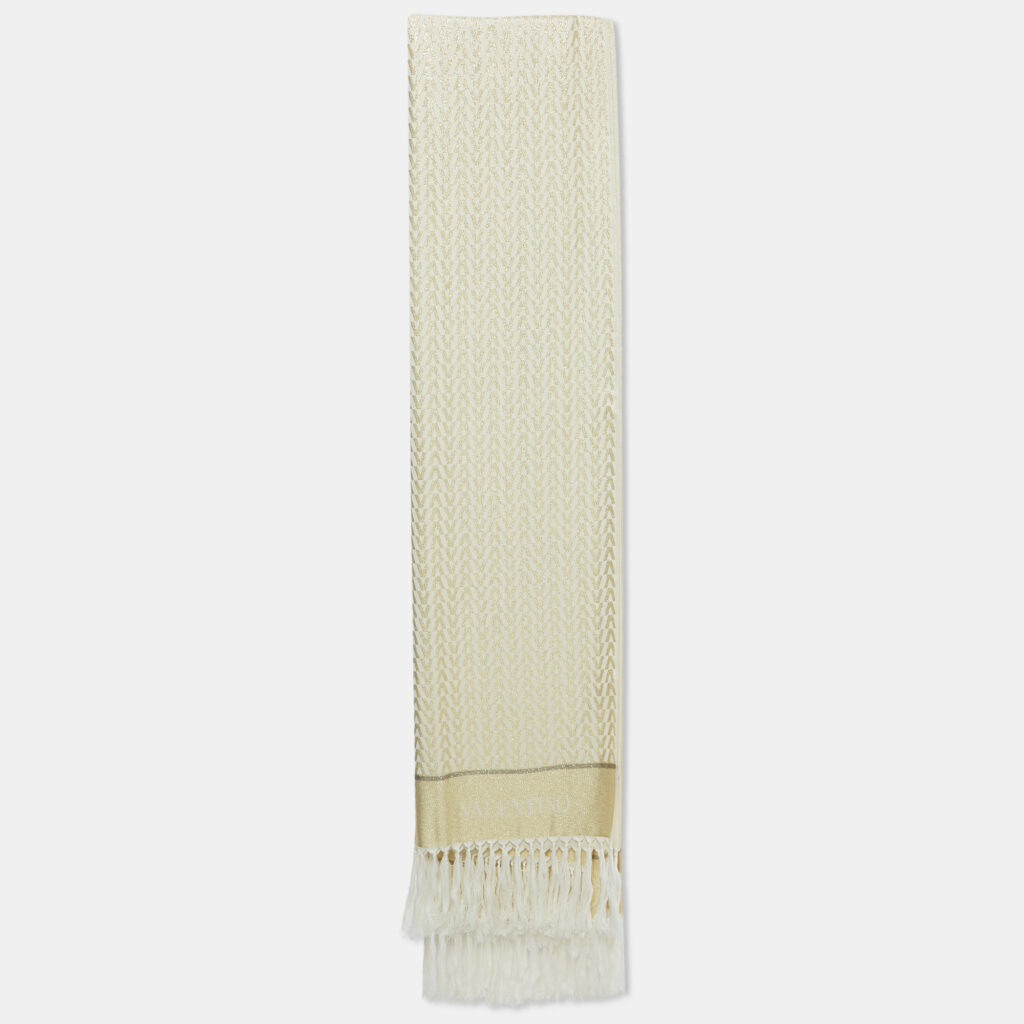 Valentino Gold Monogram Lurex Jacquard Fringed Scarf Valentino Gold Monogram Lurex Jacquard Fringed Scarf