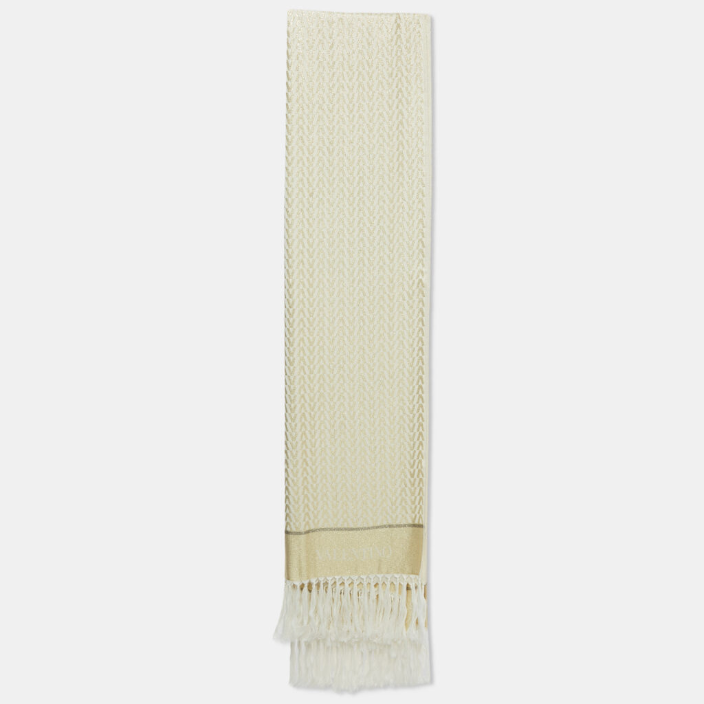 Valentino Gold Monogram Lurex Jacquard Fringed Scarf Valentino Gold Monogram Lurex Jacquard Fringed Scarf