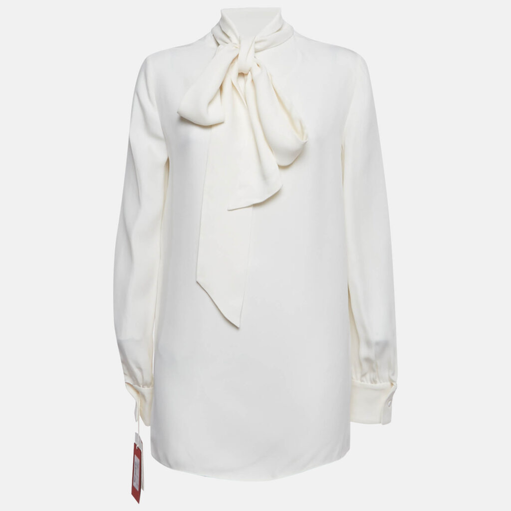 Valentino White Silk Blend Tie-Up Neck Detail Blouse M