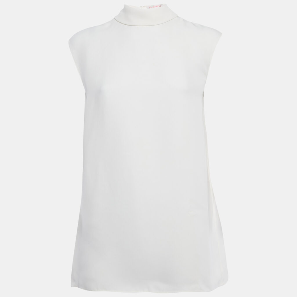 Valentino White Silk Crepe Neck Tie Detail Top M Valentino White Silk Crepe Neck Tie Detail Top M