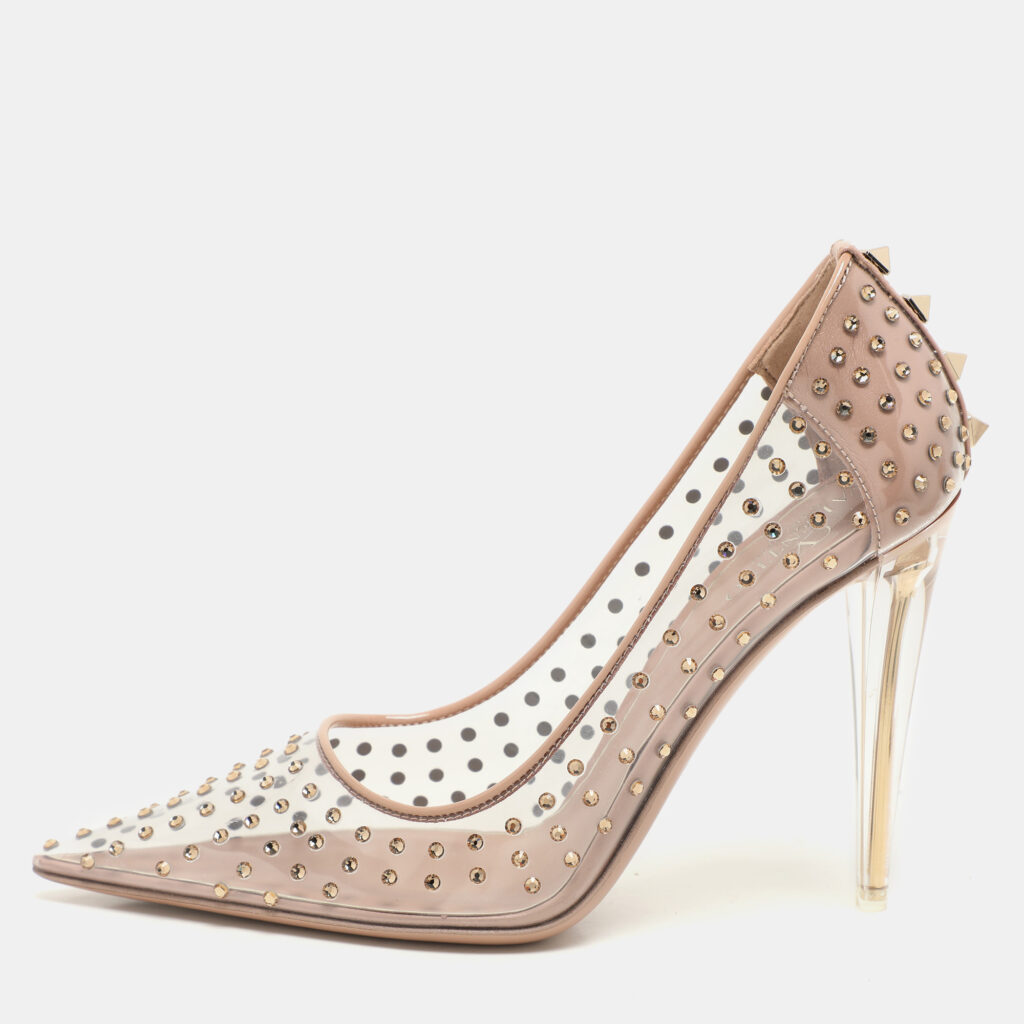 Valentino Transparent/Beige Patent Leather and PVC Crystal Embellished Rockstud Pumps Size 36.5