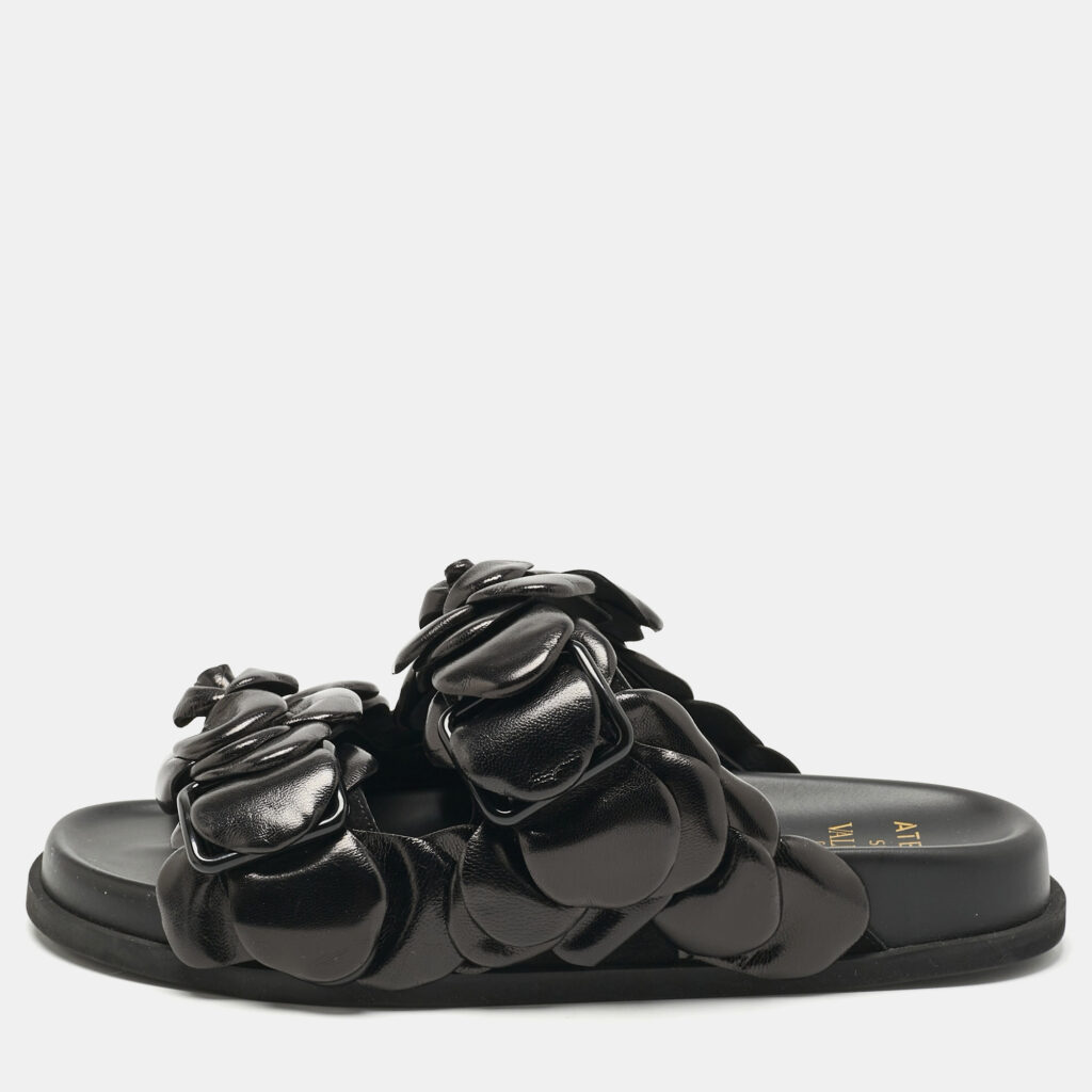 Valentino Black Leather 03 Rose Edition Atelier Flat Slides Size 36