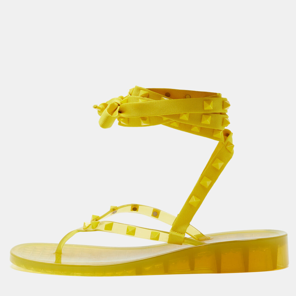 Valentino Yellow Fabric and Rubber Rockstud Thong Ankle Wrap Flats Size 39 Valentino Yellow Fabric and Rubber Rockstud Thong Ankle Wrap Flats Size 39