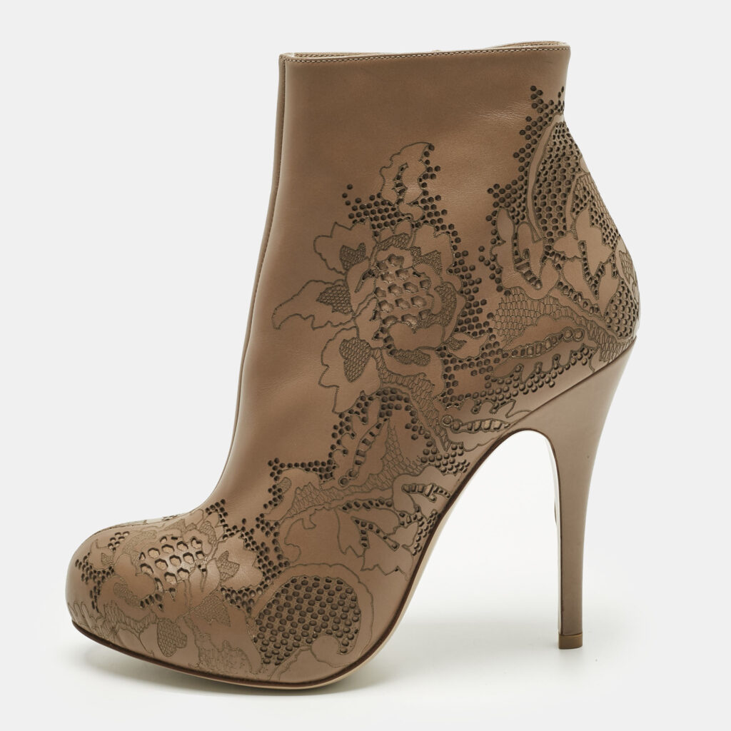 Valentino Beige Laser Cut Leather Platform Ankle Booties Size 39.5