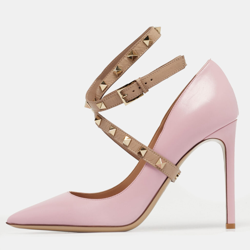 Valentino Pink/Beige Leather Rockstud Cross Over Wrap Pumps Size 38.5