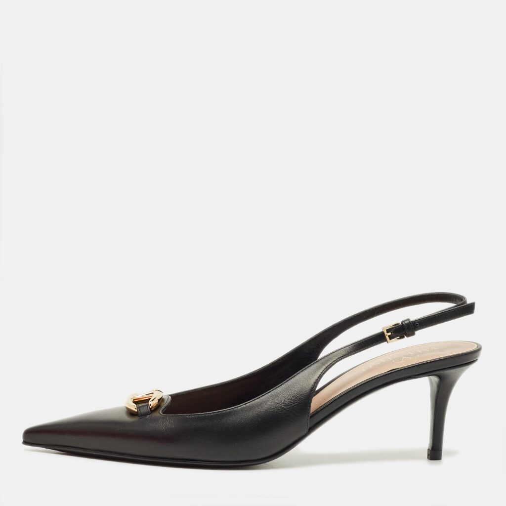 Valentino Black Leather The Bold Edition VLogo Slingback Pumps Size 38