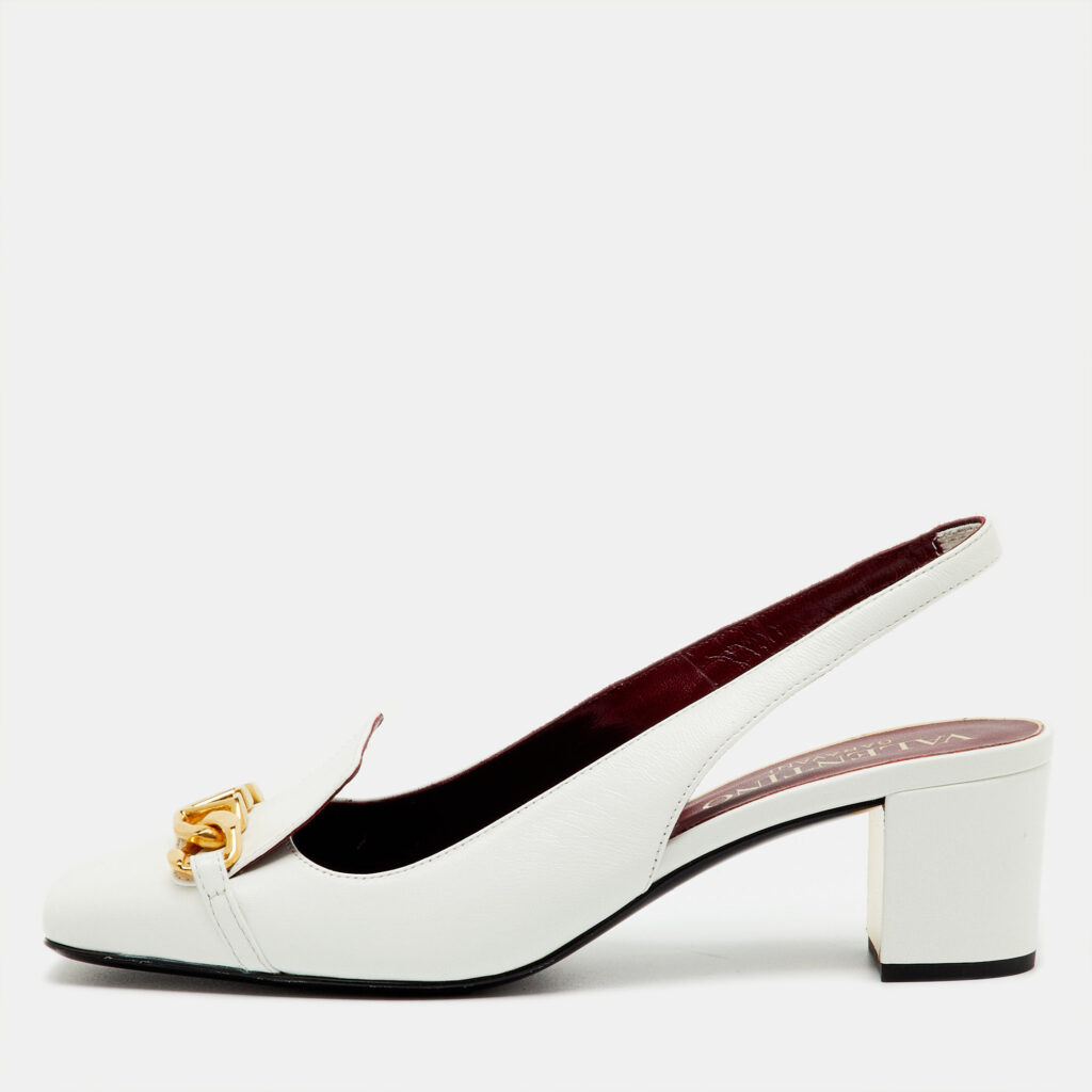 Valentino White Leather VLogo Chain Block Heel Slingback Pumps Size 36 Valentino White Leather VLogo Chain Block Heel Slingback Pumps Size 36