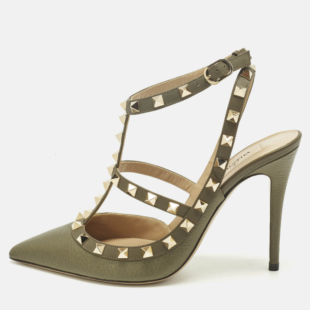 Valentino Green Leather Rockstud Ankle Strap Pumps Size 38