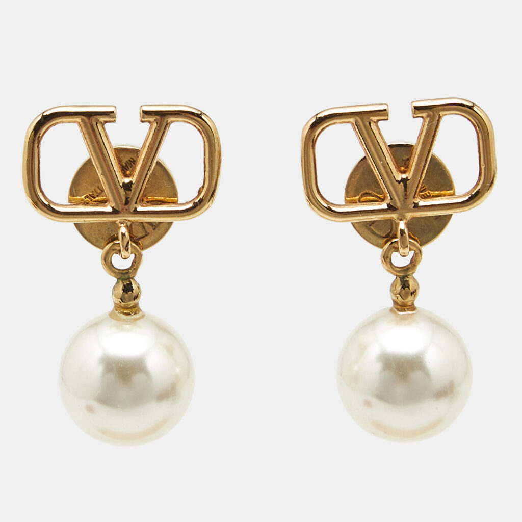 Valentino VLogo Signature Faux Pearls Gold Tone Metal Drop Earrings Valentino VLogo Signature Faux Pearls Gold Tone Metal Drop Earrings