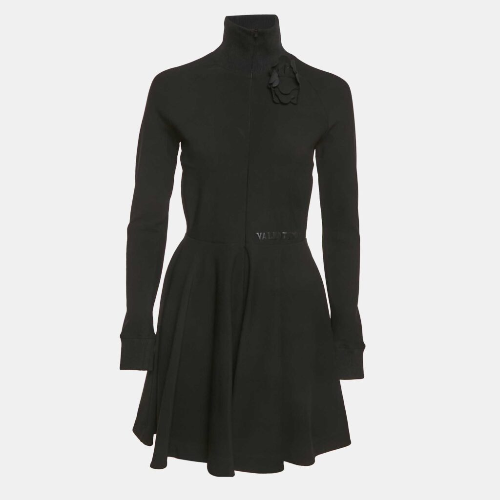 Valentino Black Jersey Floral Applique Mini Dress M