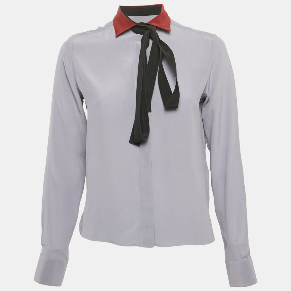 Valentino Grey Silk Contarst Neck Detail Shirt S Valentino Grey Silk Contarst Neck Detail Shirt S