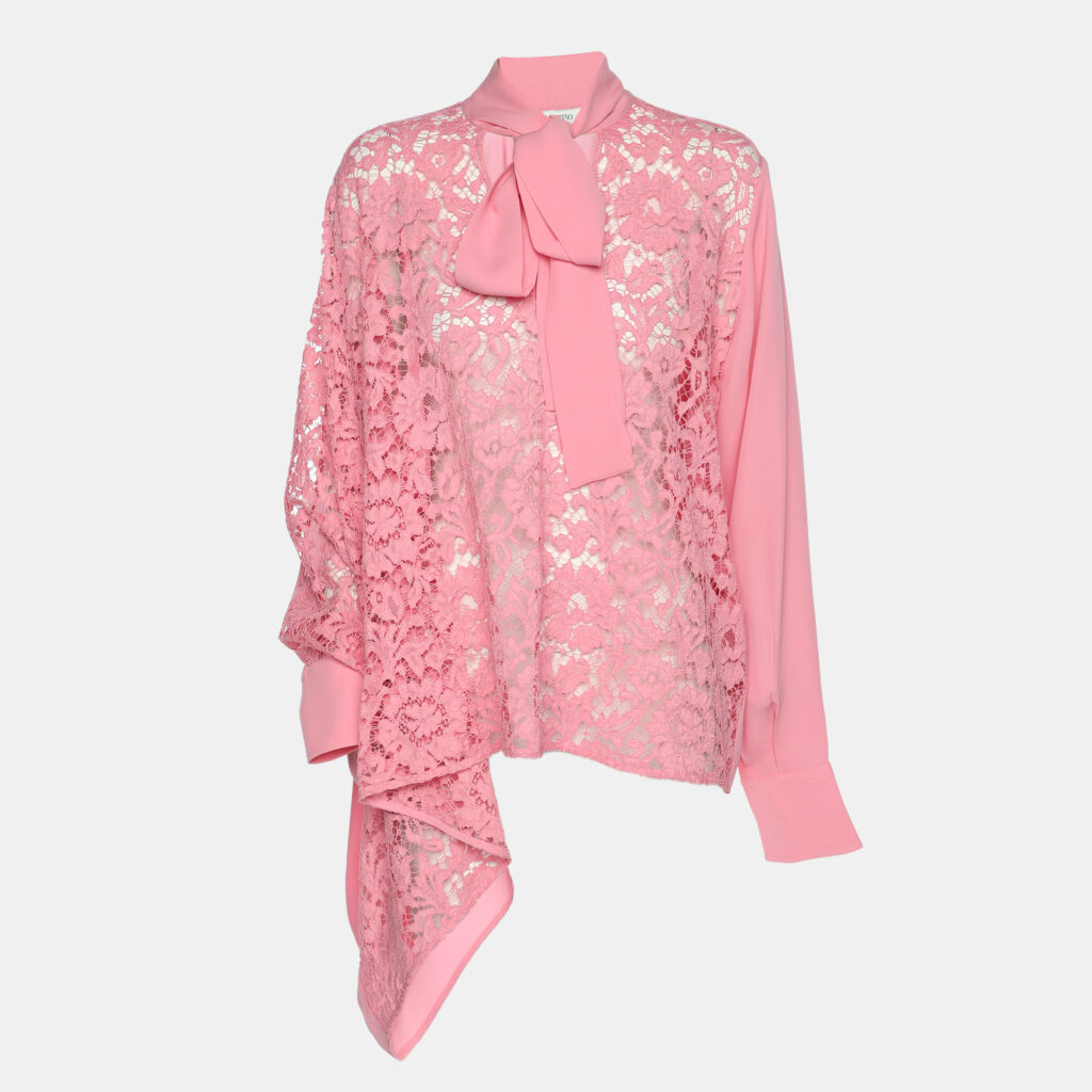 Valentino Pink Silk Lace Neck Tie Blouse S Valentino Pink Silk Lace Neck Tie Blouse S