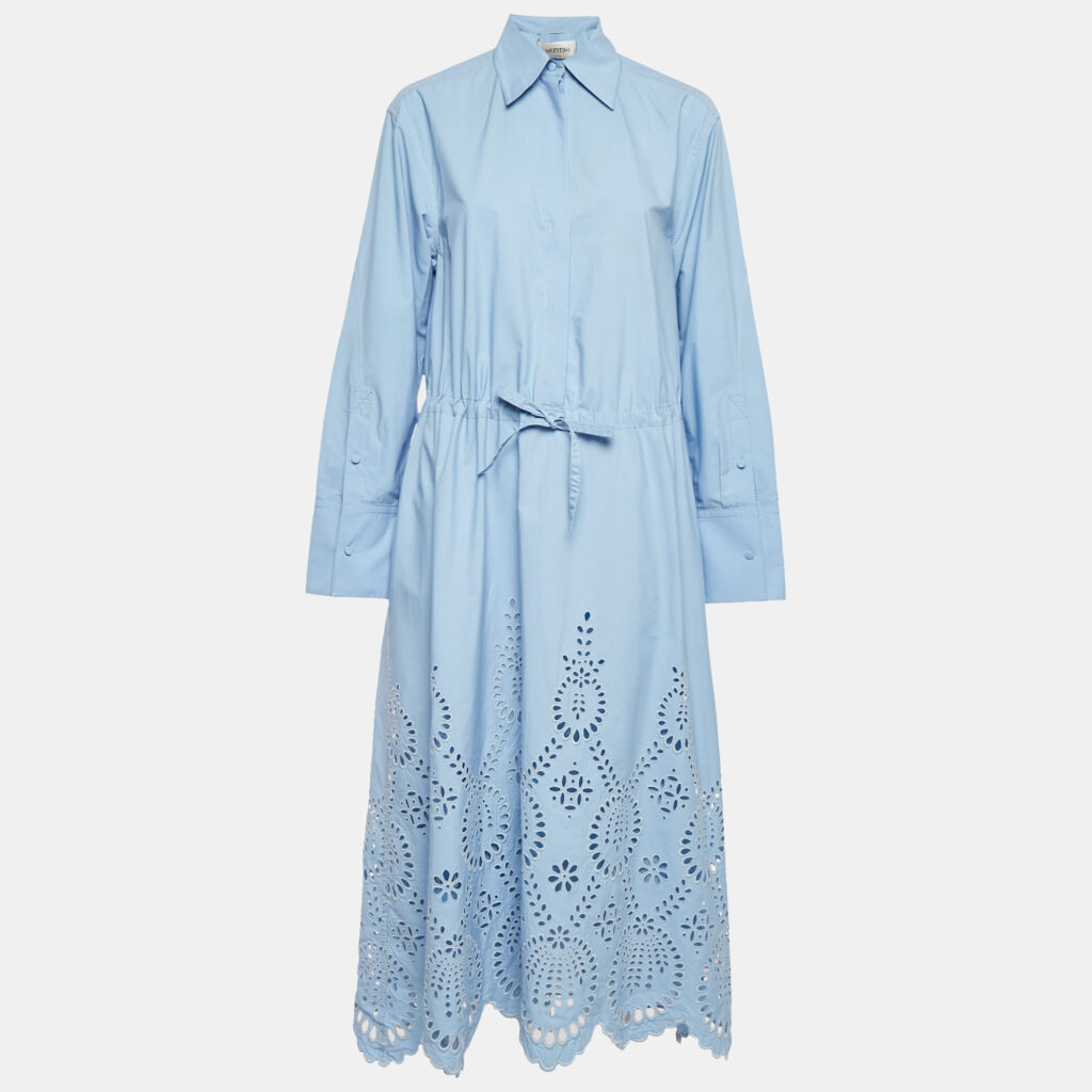 Valentino Blue Broderie Anglaise Cotton Long Sleeve Dress S Valentino Blue Broderie Anglaise Cotton Long Sleeve Dress S