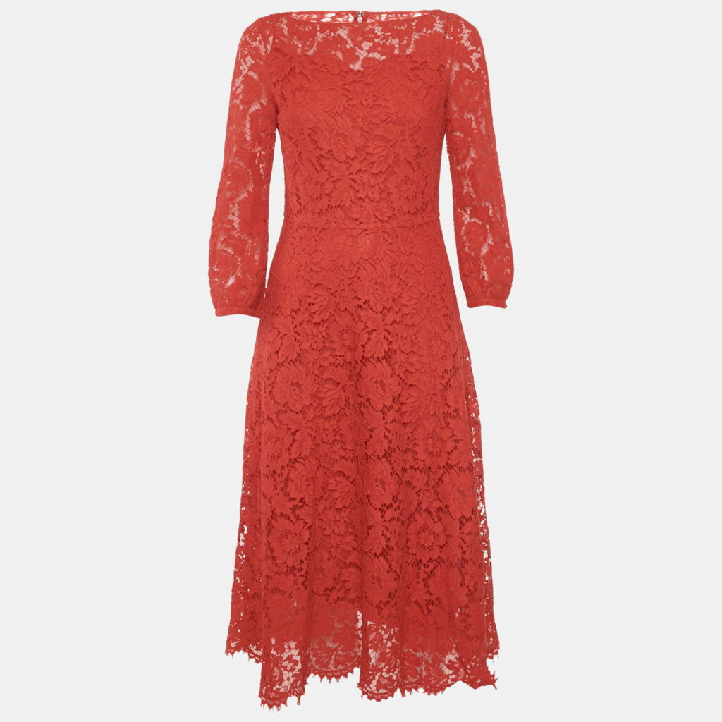 Valentino Red Corded Lace Long Sleeve Midi Dress M Valentino Red Corded Lace Long Sleeve Midi Dress M