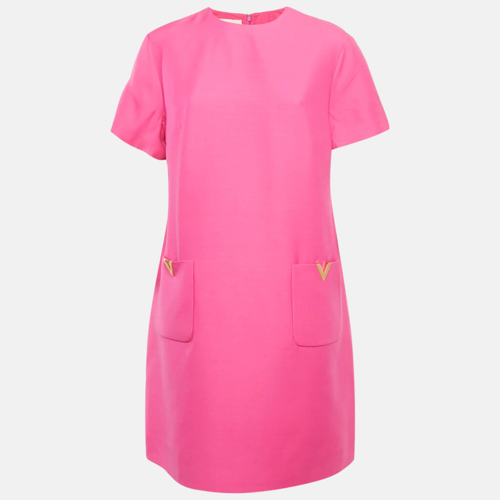 Valentino Pink Wool Blend V Metal Detail Shift Dress L Valentino Pink Wool Blend V Metal Detail Shift Dress L