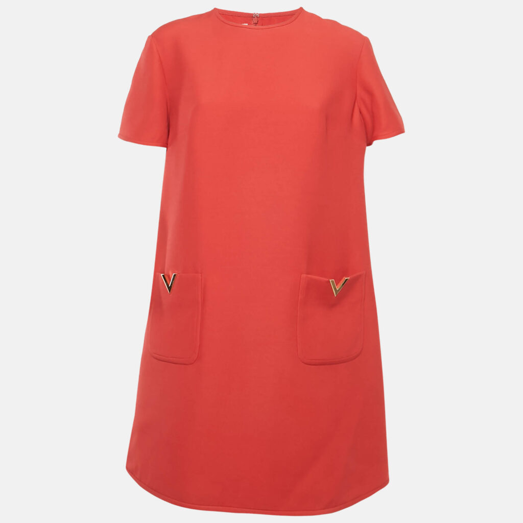 Valentino Red Wool Blend V Metal Detail Shift Dress L Valentino Red Wool Blend V Metal Detail Shift Dress L