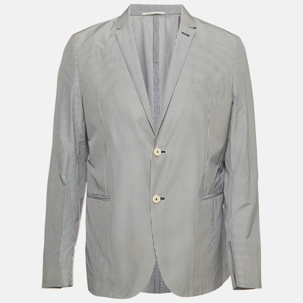 Valentino Blue Stripe Cotton Blend Button Front Blazer XL