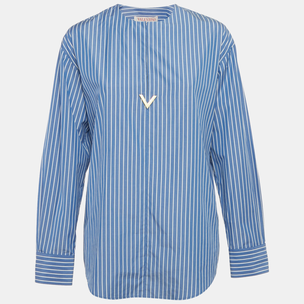Valentino Blue Stripe Cotton Logo Plaque Detail Blouse S Valentino Blue Stripe Cotton Logo Plaque Detail Blouse S